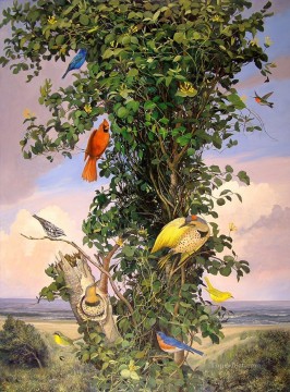 動物 Painting - 鳥と野生のスイカズラ